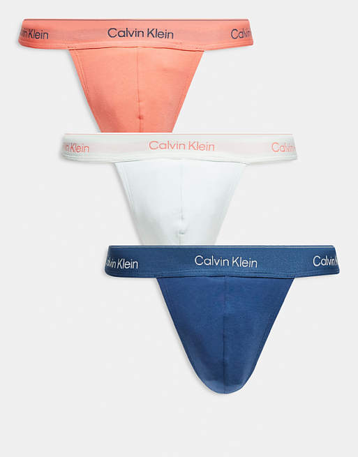 Calvin Klein Icon Cotton Stretch 3 pack thongs in blue/coral/white