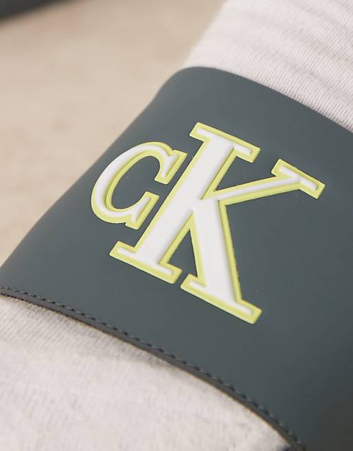 Calvin Klein Jeans Large Logo Sliders In Teal Lime And White