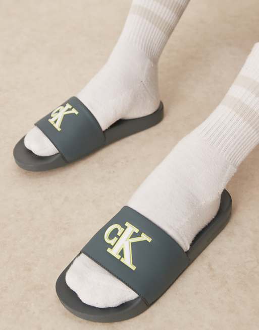 Calvin Klein Jeans Large Logo Sliders In Teal Lime And White