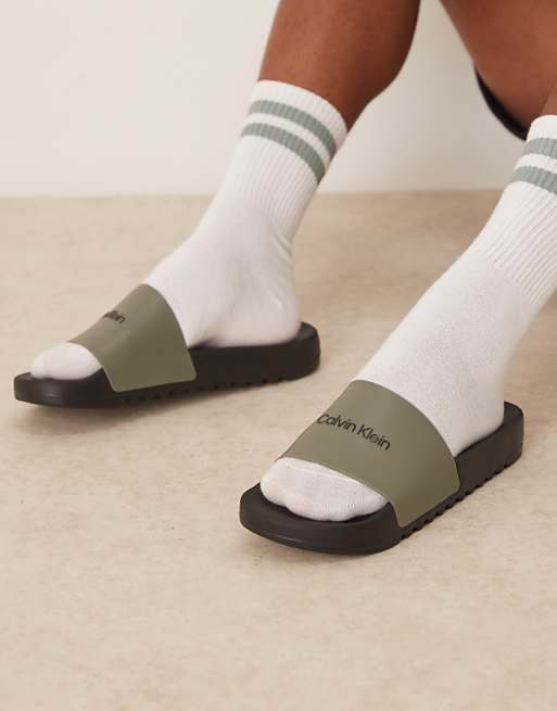 Calvin Klein Jeans Logo Sliders In Olive And Black