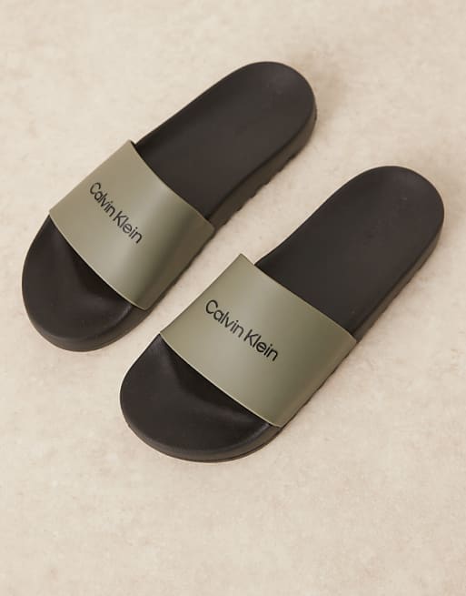 Calvin Klein Jeans Logo Sliders In Olive And Black