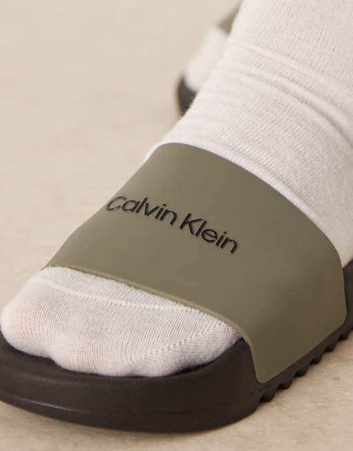 Calvin Klein Jeans Logo Sliders In Olive And Black
