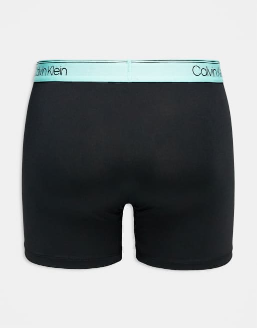 Calvin Klein Microfibre Stretch 3 Pack Boxer Briefs In Black With Mint/blue/yellow Waistband