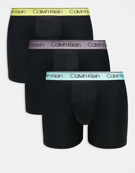 Calvin Klein microfibre stretch 3 pack boxer briefs in black with mint/blue/yellow waistband