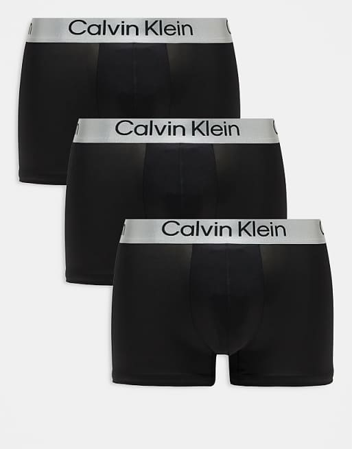 Calvin Klein microfibre stretch 3 pack trunks in black with grey waistband
