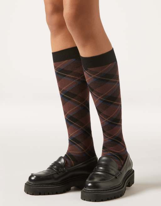 Calzedonia Long Patterned Socks In Black Tartan