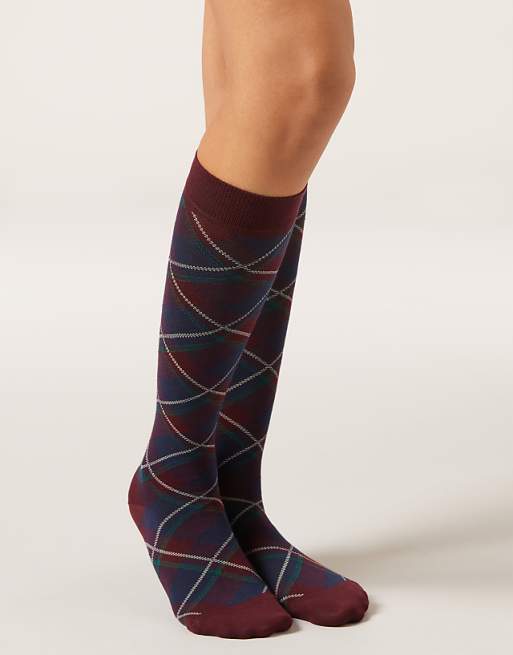 Calzedonia Long patterned socks in burgundy red tartan