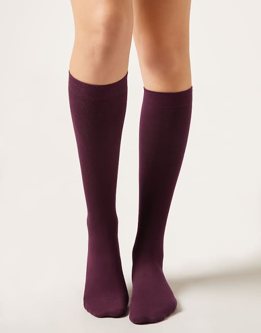 Calzedonia Long satin cotton socks in bordeaux