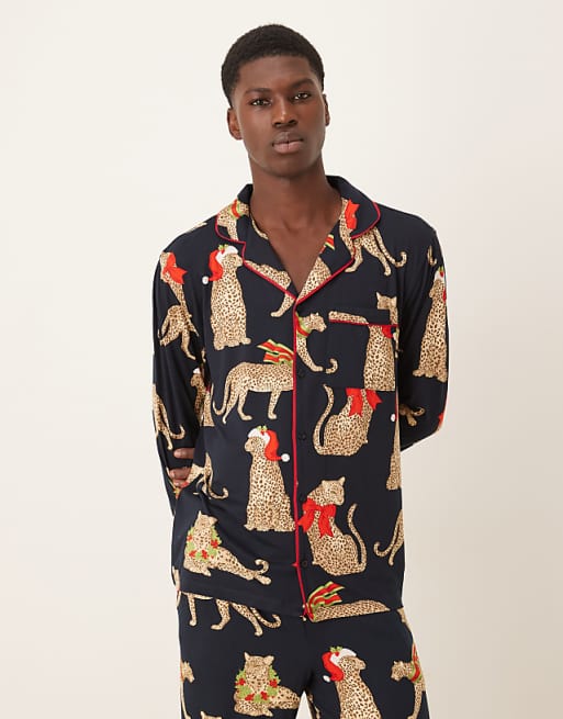 Chelsea Peers His & Hers Poly Long Sleeve Revere Pyjama Set In Christmas Leopard Print