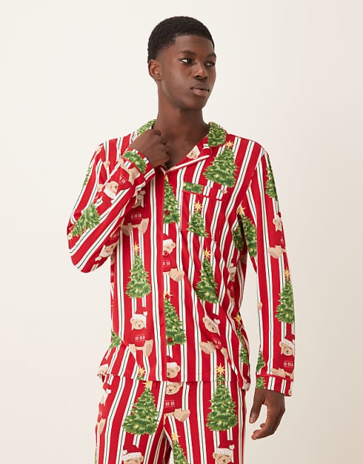 Chelsea Peers His & Hers Poly Long Sleeve Revere Pyjama Set In Christmas Teddy Stripe Print
