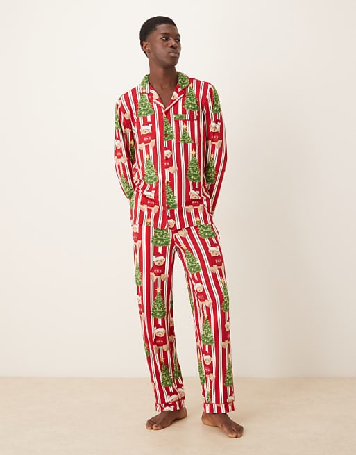 Chelsea Peers His & Hers poly long sleeve revere pyjama set in Christmas Teddy stripe print