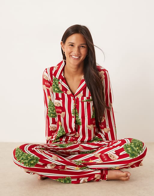 Chelsea Peers His & Hers Poly Long Sleeve Revere Pyjama Set In Christmas Teddy Stripe Print
