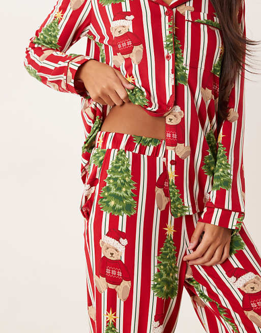 Chelsea Peers His & Hers Poly Long Sleeve Revere Pyjama Set In Christmas Teddy Stripe Print