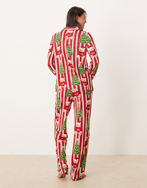 Chelsea Peers His & Hers Poly Long Sleeve Revere Pyjama Set In Christmas Teddy Stripe Print