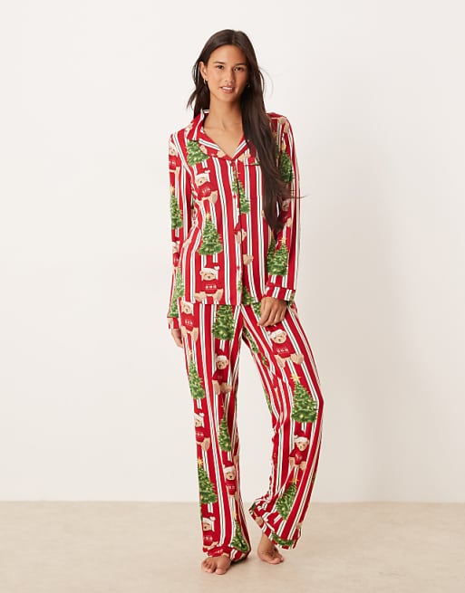 Chelsea Peers His & Hers poly long sleeve revere pyjama set in Christmas Teddy stripe print