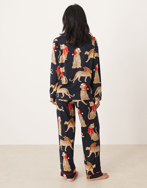 Chelsea Peers Petite Poly Long Sleeve Revere Pyjama Set In Christmas Leopard Print