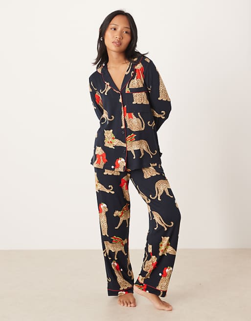 Chelsea Peers Petite poly long sleeve revere pyjama set in Christmas leopard print