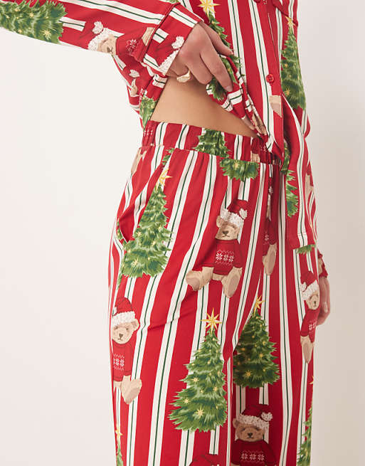 Chelsea Peers Tall Poly Long Sleeve Revere Pyjama Set In Christmas Teddy Stripe Print