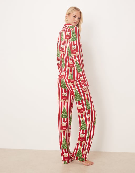 Chelsea Peers Tall Poly Long Sleeve Revere Pyjama Set In Christmas Teddy Stripe Print