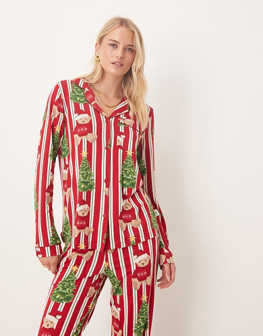 Chelsea Peers Tall Poly Long Sleeve Revere Pyjama Set In Christmas Teddy Stripe Print