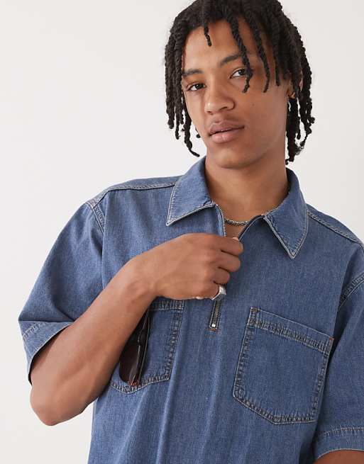 COLLUSION Boxy Denim Woven Shirt With Zip In Blue - MBLUE