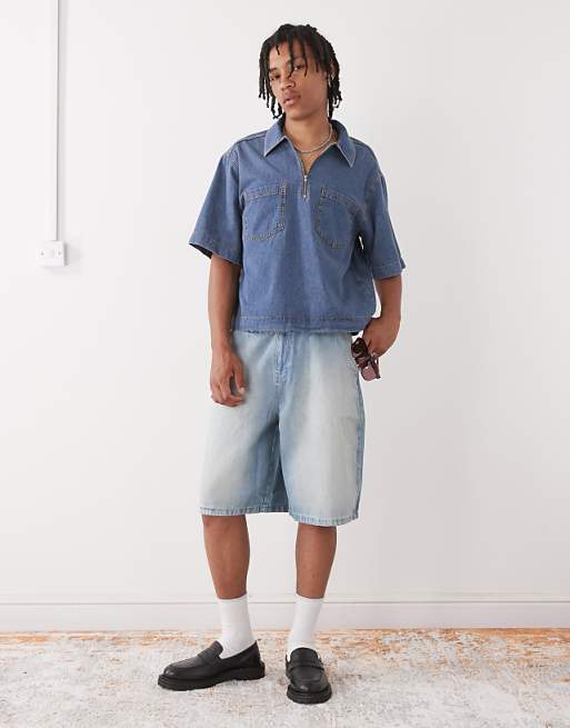 COLLUSION Boxy Denim Woven Shirt With Zip In Blue - MBLUE