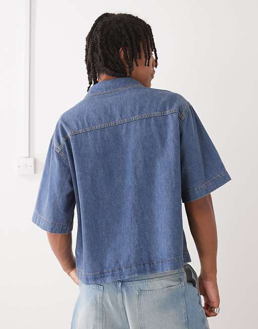 COLLUSION Boxy Denim Woven Shirt With Zip In Blue - MBLUE