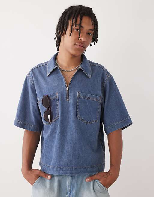 COLLUSION boxy denim woven shirt with zip in blue - MBLUE