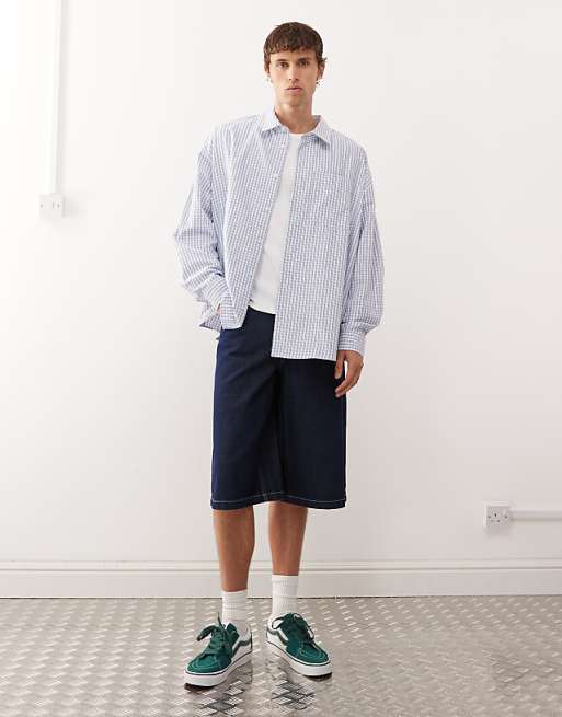 COLLUSION Boxy Long Sleeve Skate Shirt In Blue Check