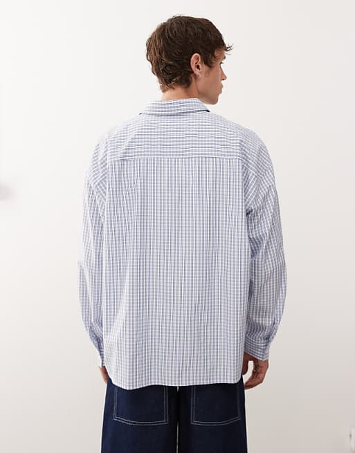 COLLUSION Boxy Long Sleeve Skate Shirt In Blue Check