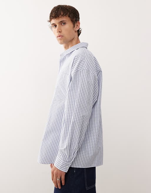 COLLUSION Boxy Long Sleeve Skate Shirt In Blue Check