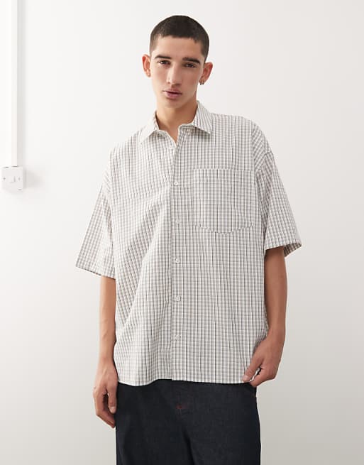 COLLUSION Boxy Oversized Short Sleeve Shirt In Neutral Check