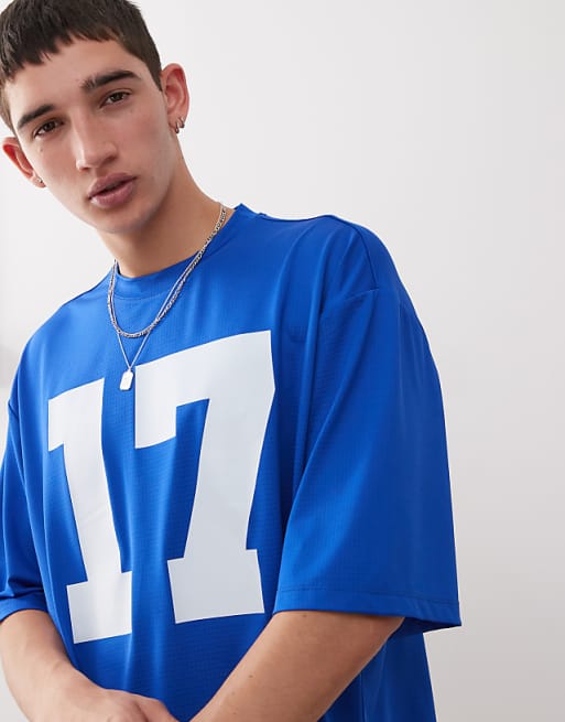 COLLUSION Boxy T-shirt In Blue Sports Air Tex Fabric Jersey With Number Print