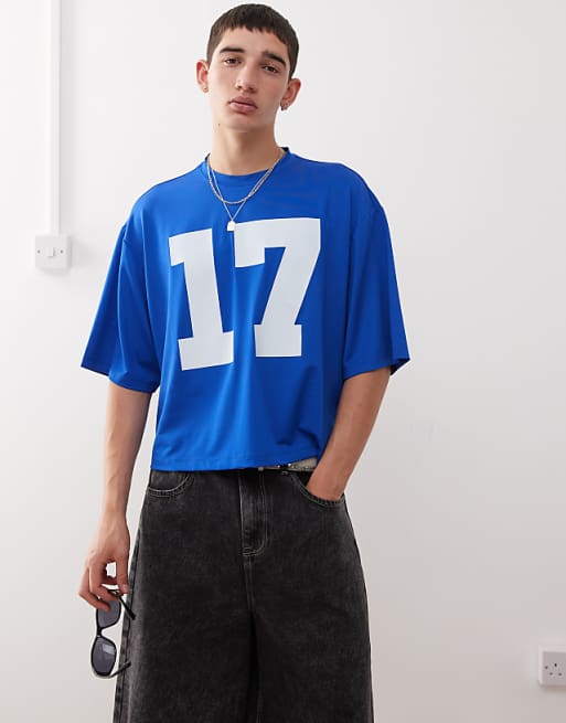 COLLUSION Boxy t-shirt in blue sports air tex fabric jersey with number print