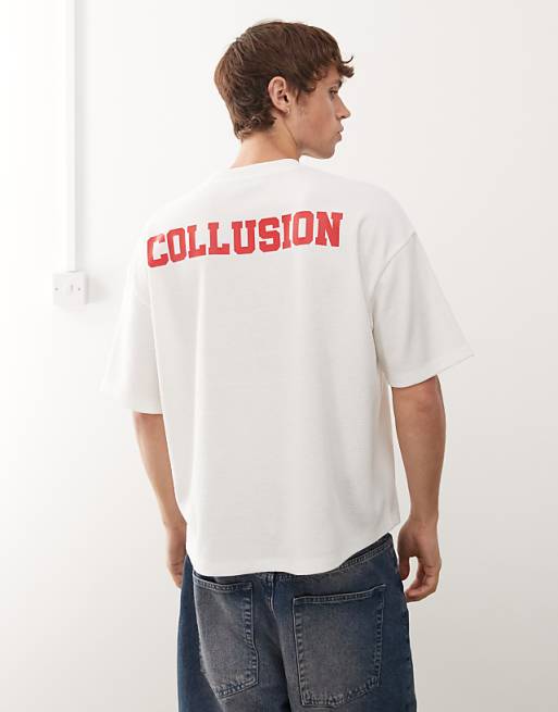 COLLUSION Boxy T-shirt In With Sports Print And Waffle Fabric In White