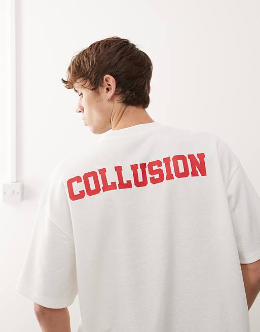 COLLUSION Boxy T-shirt In With Sports Print And Waffle Fabric In White