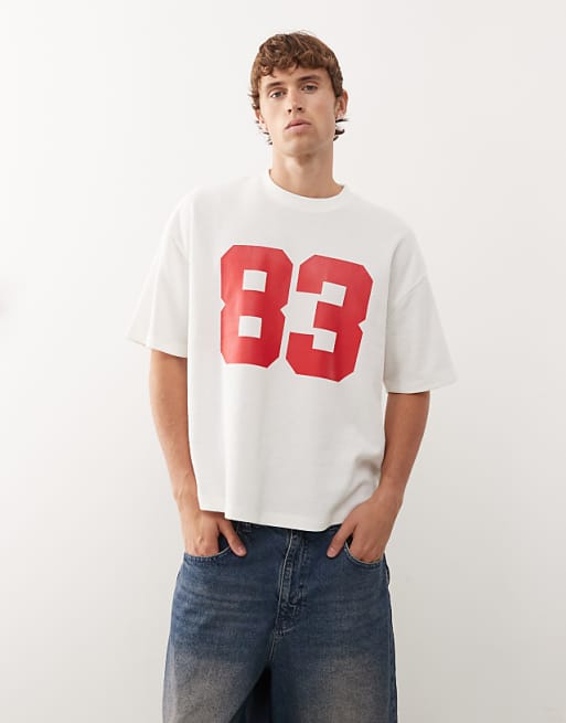 COLLUSION boxy t-shirt in with sports print and waffle fabric in white