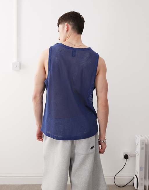 COLLUSION Crochet Tank Vest In Blue With Varsity Number Print