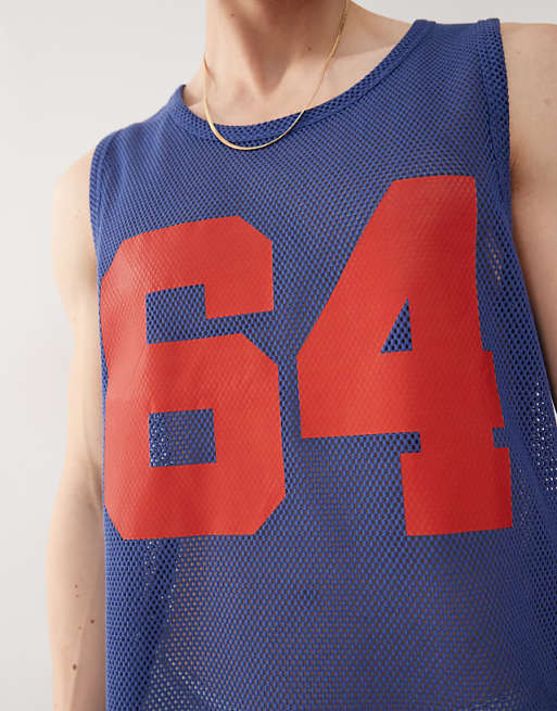 COLLUSION Crochet Tank Vest In Blue With Varsity Number Print