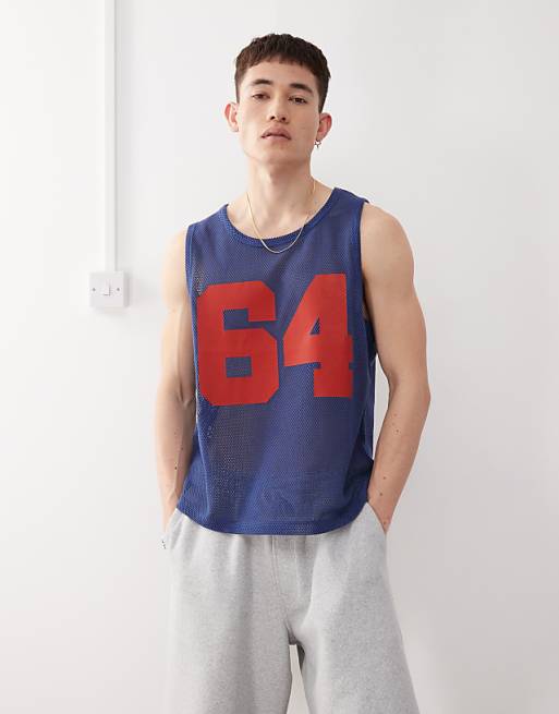 COLLUSION Crochet tank vest in blue with varsity number print