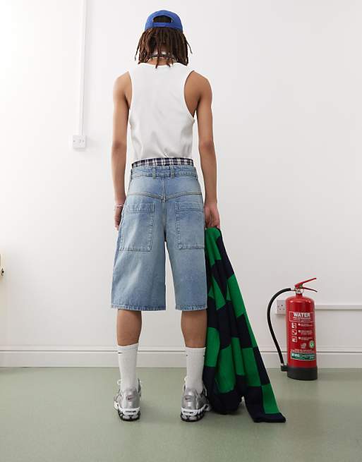 COLLUSION Denim Skater Jorts In Midwash Blue