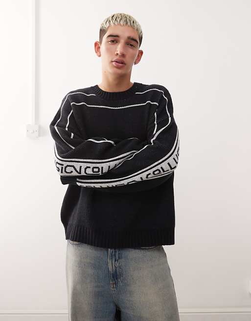 COLLUSION knitted branded jumper in navy