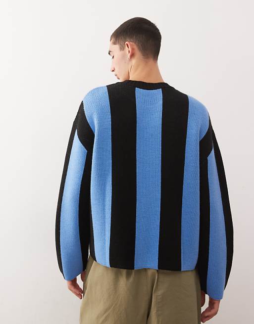 COLLUSION Knitted Stripe Football Sweater Jumper In Blue