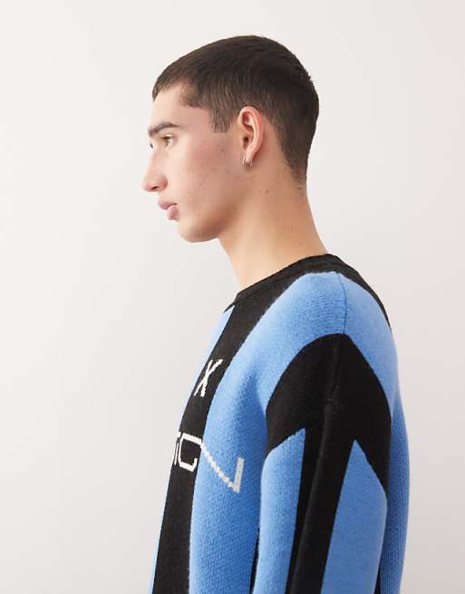 COLLUSION Knitted Stripe Football Sweater Jumper In Blue