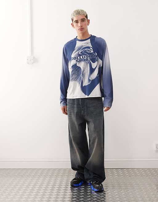 COLLUSION Long Sleeve Football T-shirt In Navy Blue