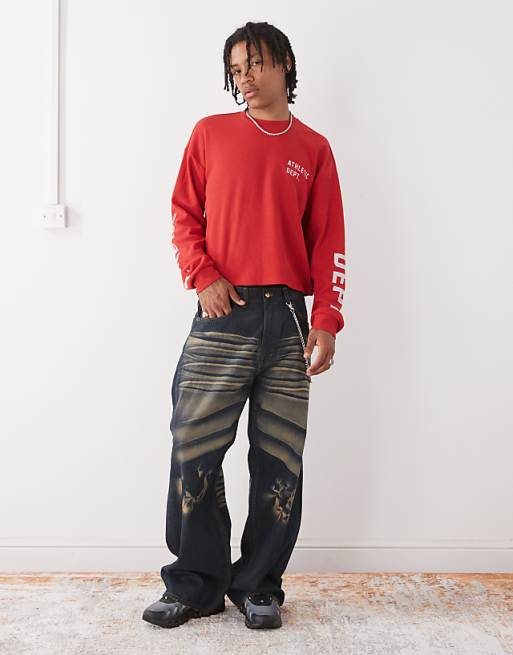 COLLUSION Long Sleeve Skater Fit T-shirt With Athletic Print In Red