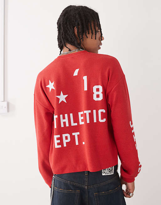 COLLUSION Long sleeve skater fit t-shirt with athletic print in red