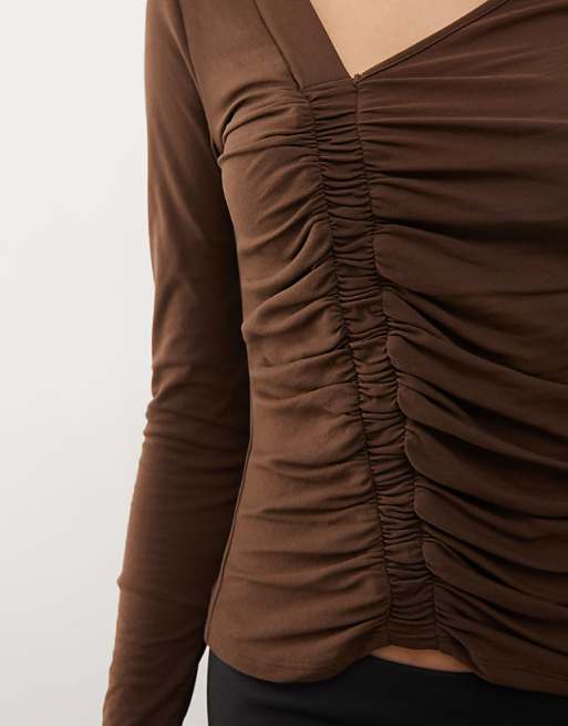 COLLUSION Semi Sheer Asymmetric Neck Tights Top In Chocolate