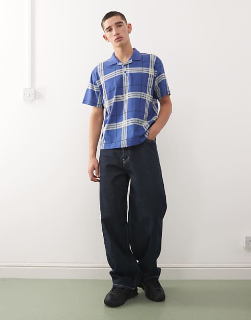 COLLUSION slim boxy polo in blue check