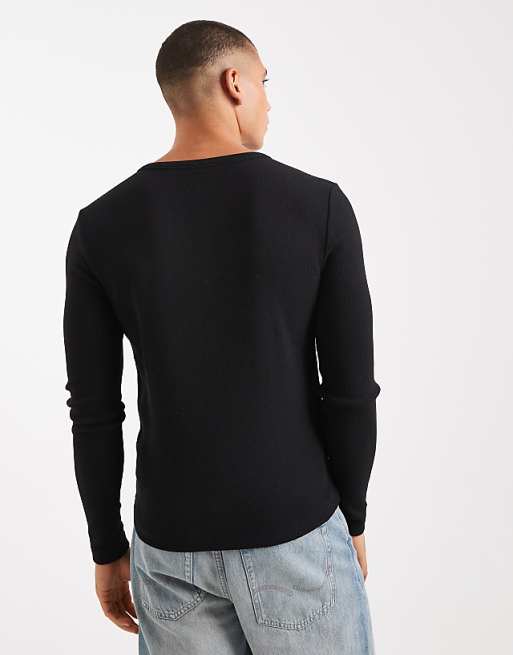 COLLUSION Slim Long Sleeve Button Thorugh T-shirt In Black